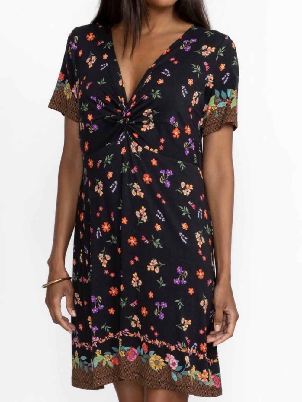 Johnny Was Nani Twist Front Swing Mini Dress Black Floral Print 1X